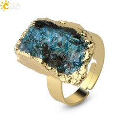 CSJA Natural Stone Gold-color Adjustable Ring Irregular Black Tourmaline Blue Crystal Finger Rings for Women Trendy Jewelry G337