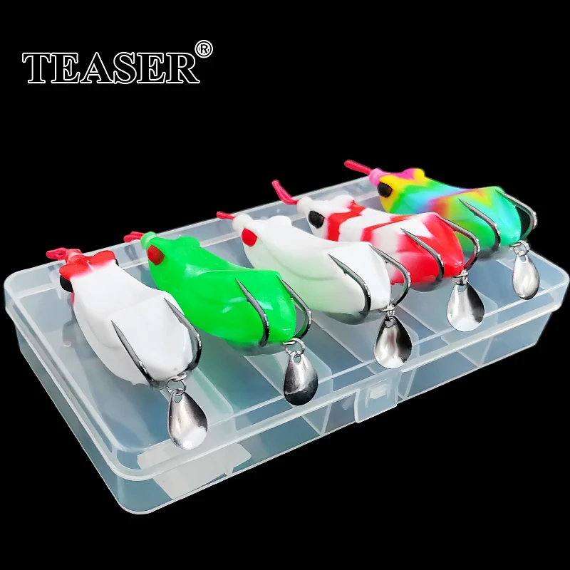 TEASER WJS 5pcs 17g Frog Soft Fishing Lure Kit Double Hooks Topwater Ray Frog Artificial Minnow Crank Bait Silicone Wobblers Set