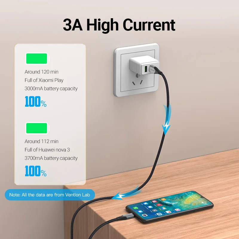 Vention كابل شحن مغناطيسي 3A شحن سريع كابل USB صغير مغناطيس USB نوع C شحن سلك بيانات للهاتف المحمول سلك USB