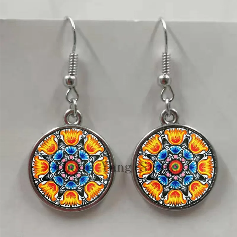 2020 new Polish folk art picture fashion earrings, glass convex round modern paper-cut element earrings