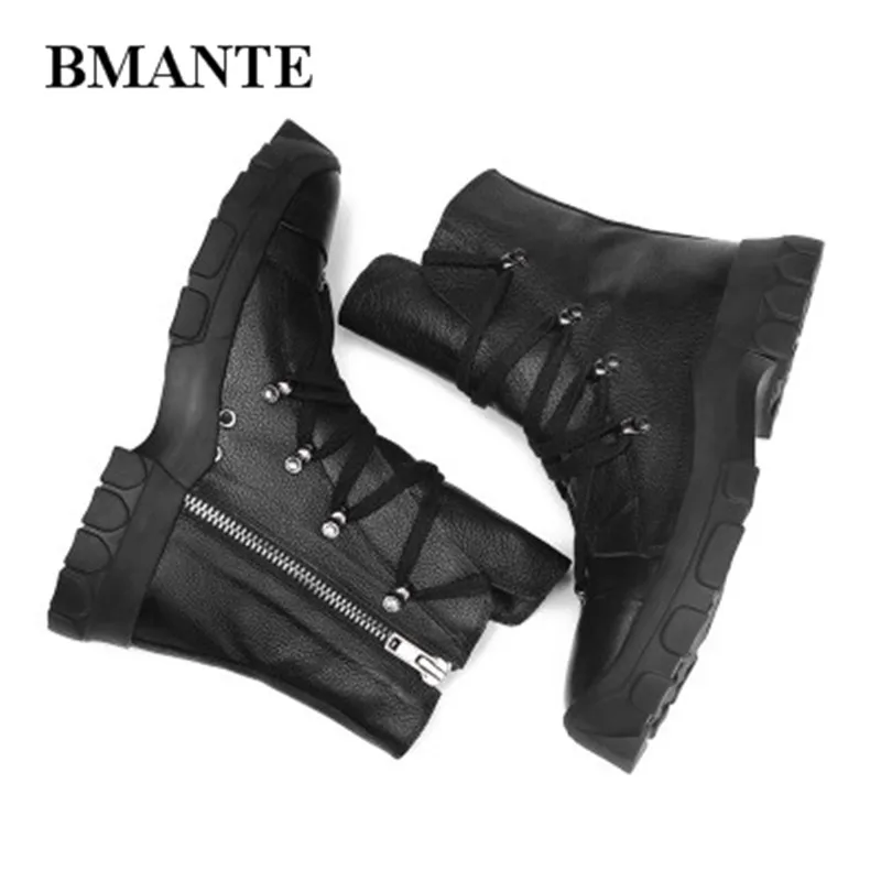 Bmante Men Boots Winter Genuine Leather Handmade Trainers Basic Ankle Boots High Top Lace up Shoes Gothic Dark Owen Sneakers