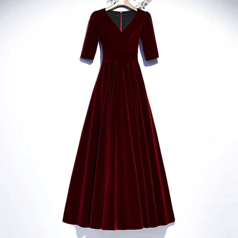 

Evening Dress Sexy V-Neck A-Line Floor-Length Simple Burgundy Half Sleeves Vintage Elegant New Party Formal Dresses Woman B097