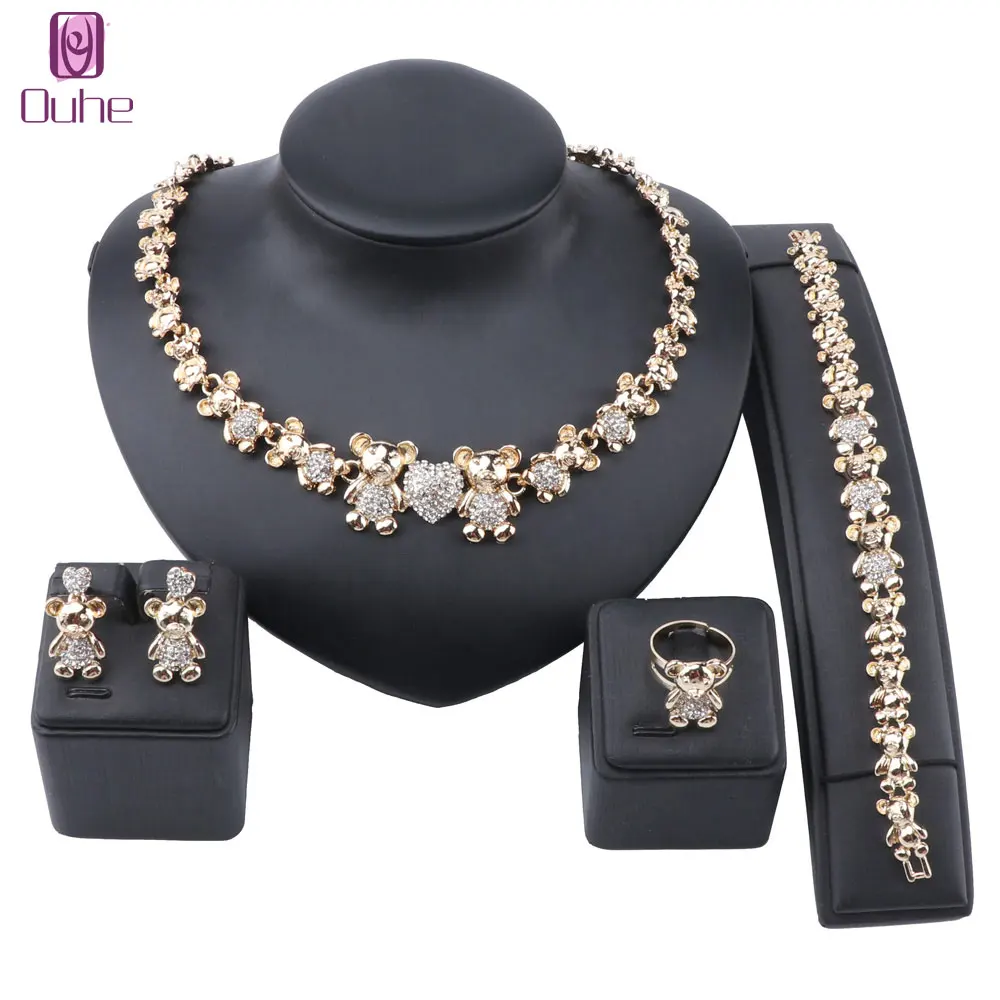 Dubai Gold Color Crystal Bear Jewelry Sets For Women Earring Necklace Bracelet Ring Bridal Party Gifts