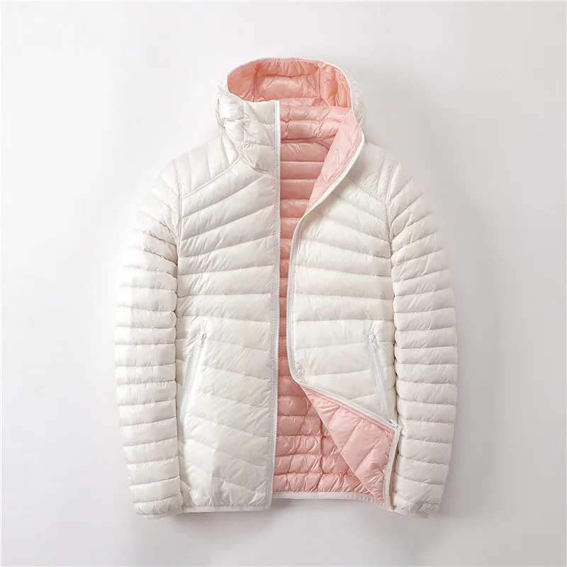 Chaqueta de doble cara para mujer, abrigo ultraligero de plumón de pato blanco 90%, con capucha, rompevientos, Reversible, ligero y cálido