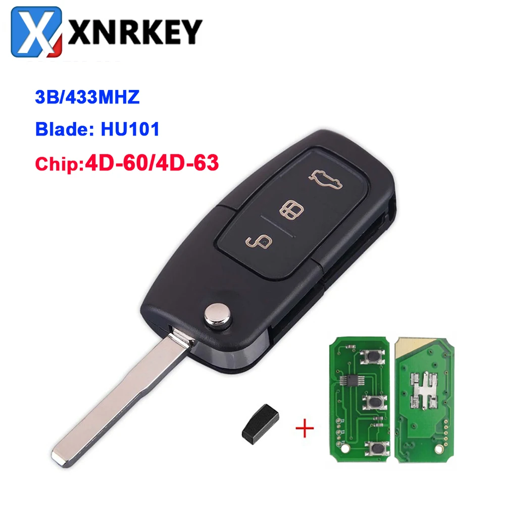 

XNRKEY 3 Button Car Remote Key 4D60/4D63 Chip 40/80 Bit 433Mhz HU101 Blade for Ford Mondeo Fusion Focus Fiesta Galaxy Car Key