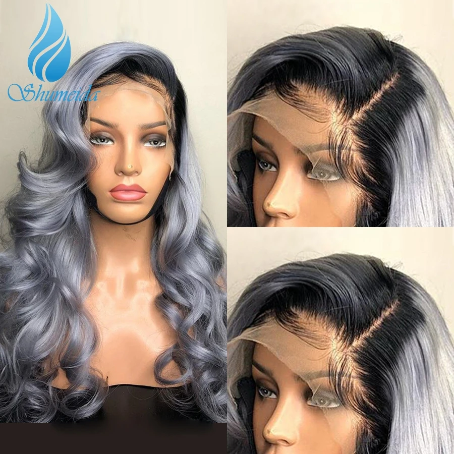 Shumeida Ombre Gray Color T Part Wigs With Baby Hair Brazilian Remy Human Hair Wig For Women Body Wave Glueless Wig