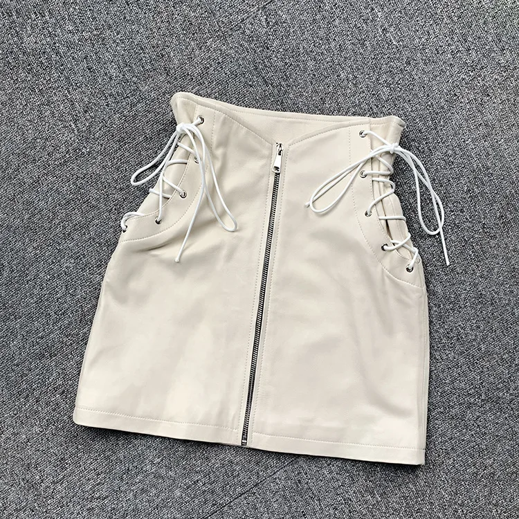 

2022 Spring Leather Sheepskin Zipper High Waist Strap Sexy Skirt E6