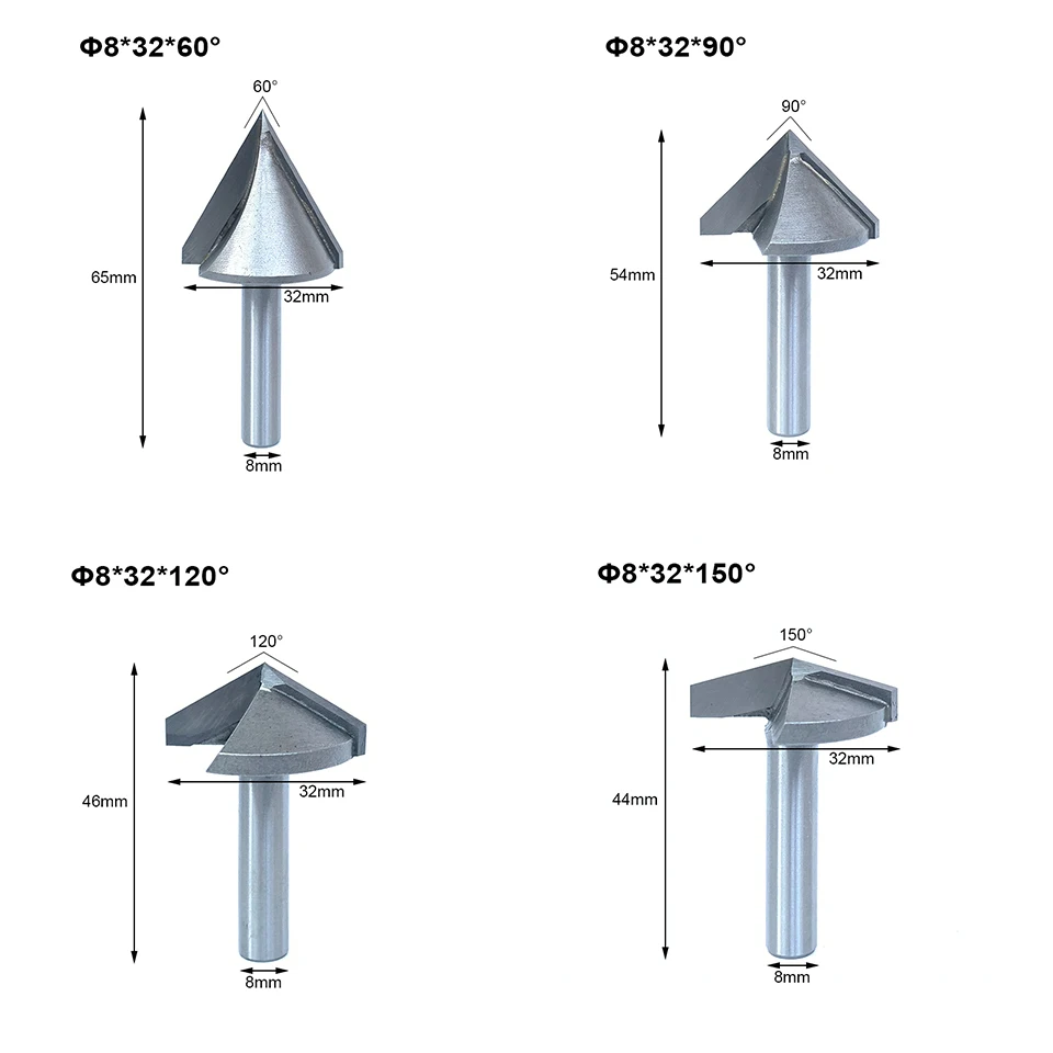 2pc 60 90 120 150 Degree  V shape Milling Cutter CNC Engraving Bits 8mm Shank Wood Router Bits Wood Milling Trimming 3D Cutter