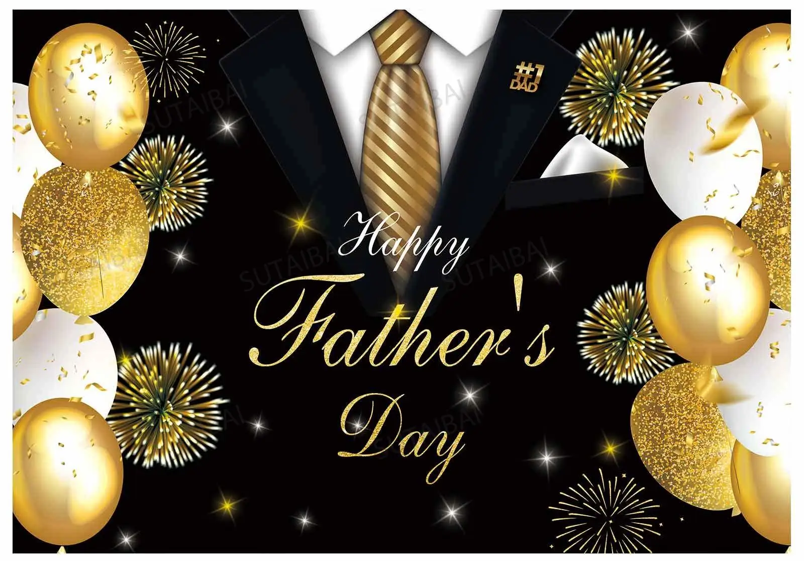 7x5ft 해피 아버지의 날 배경 블랙 정장 골드 풍선 불꽃 사진 배경, 아버지 아빠 축제 파티 장식 배너