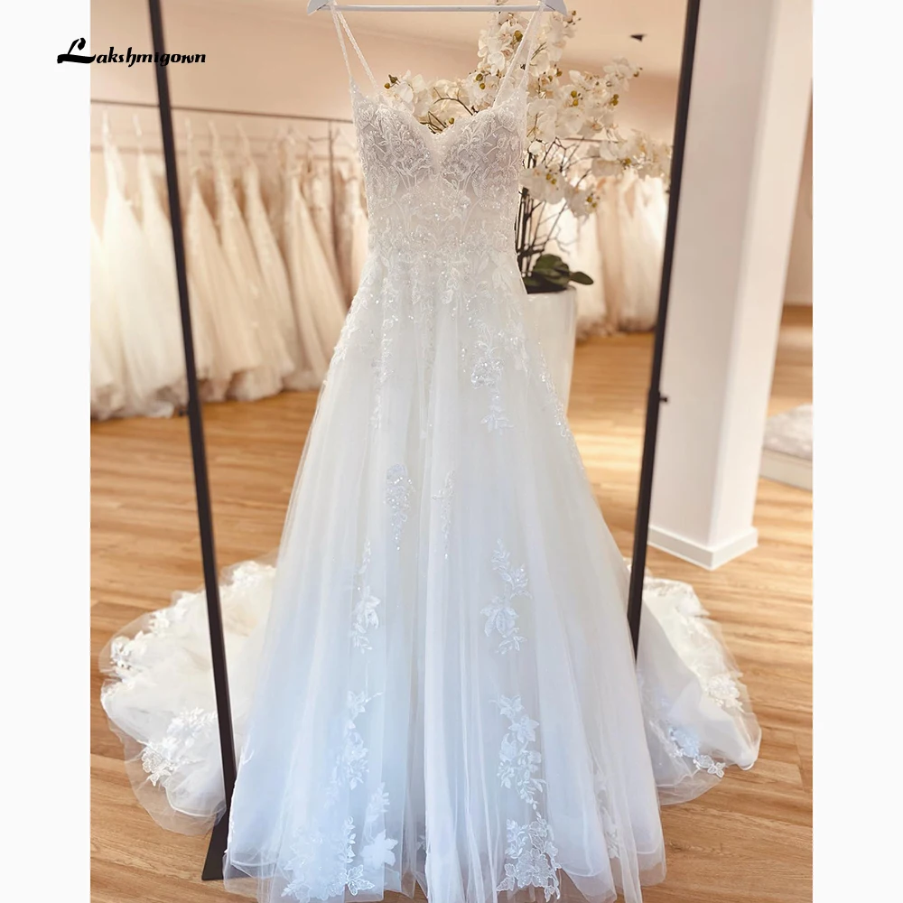 

Luxurious Spaghetti Straps Ivory Lace Wedding Dress Court TrainTulle Bridal Gowns with Beads Flower Robe de mariee trouwjurk