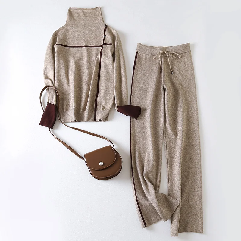 2 Pieces Suit Set Autumn Winter Women Sweater Suits Long Sleeve pullovers + Wide Leg pants sets warm knitted sweater track suits