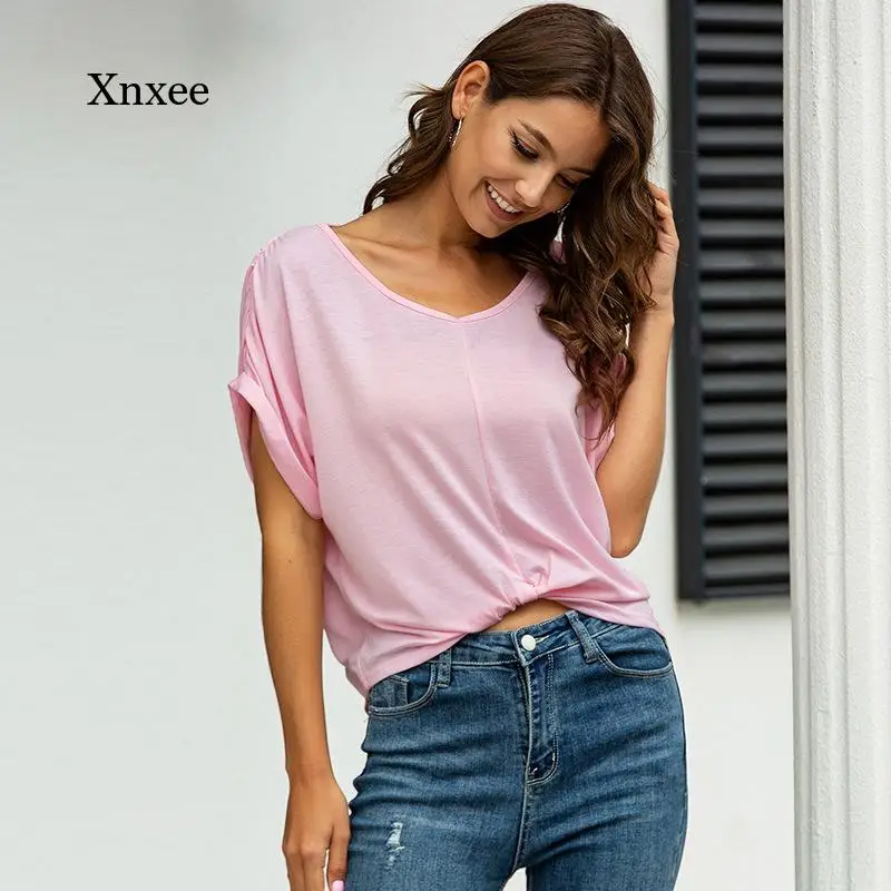 2021 Women V Neck T Shirt Elegant Summer Casual Loose Short Sleeved New Top Sexy Solid All-Match Fashion Clothing Blouse Tee