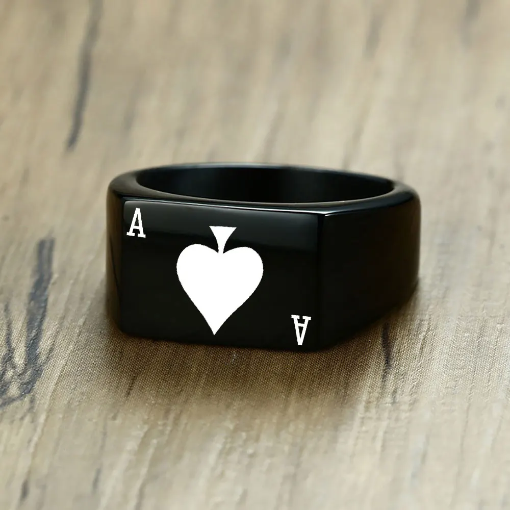 Engrave Ace Of Spades Ring Classic Poker Heart Letter A Rings Stainless Steel Punk Hip Hop Rock Street Jewelry Wholesales