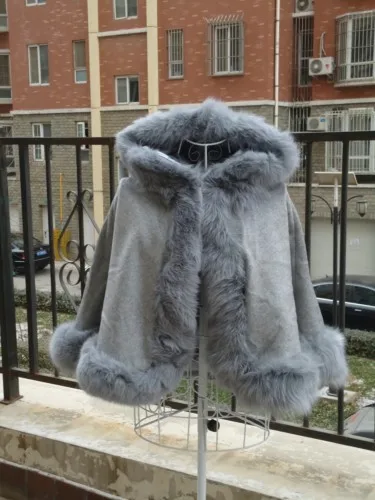 Custom Children Cashmere Cape With Straight Fox Fur Kids Fur Trim Cashmere Poncho