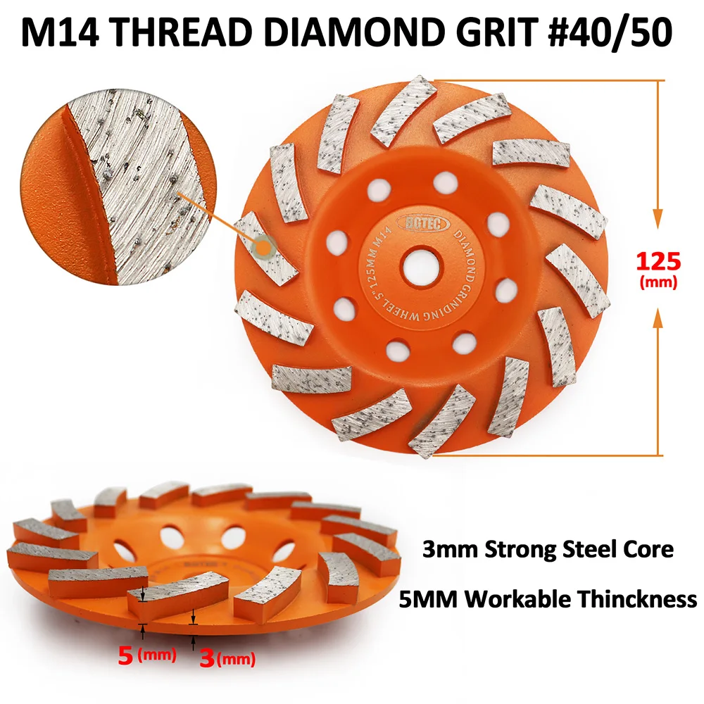 BGTEC 2pcs 5Inch M14 Thread Diamond Turbo Row Grinding Cup Wheel Dia125mm Polishing Disc Marble Concrete Tile Masonry