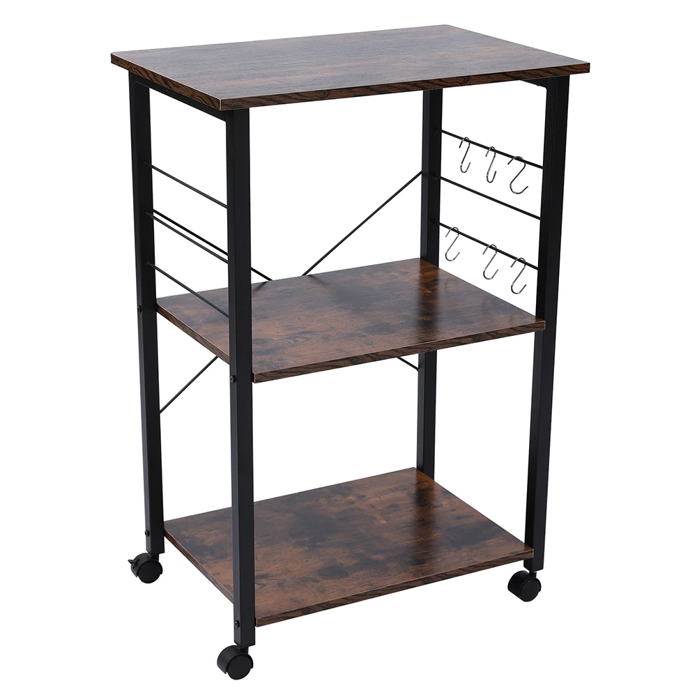 Kitchen Baker's Rack  Microwave Oven Stand Storage Cart  Printer Stand 3-Tier Serving Cart with Metal Frame and 6 Hooks