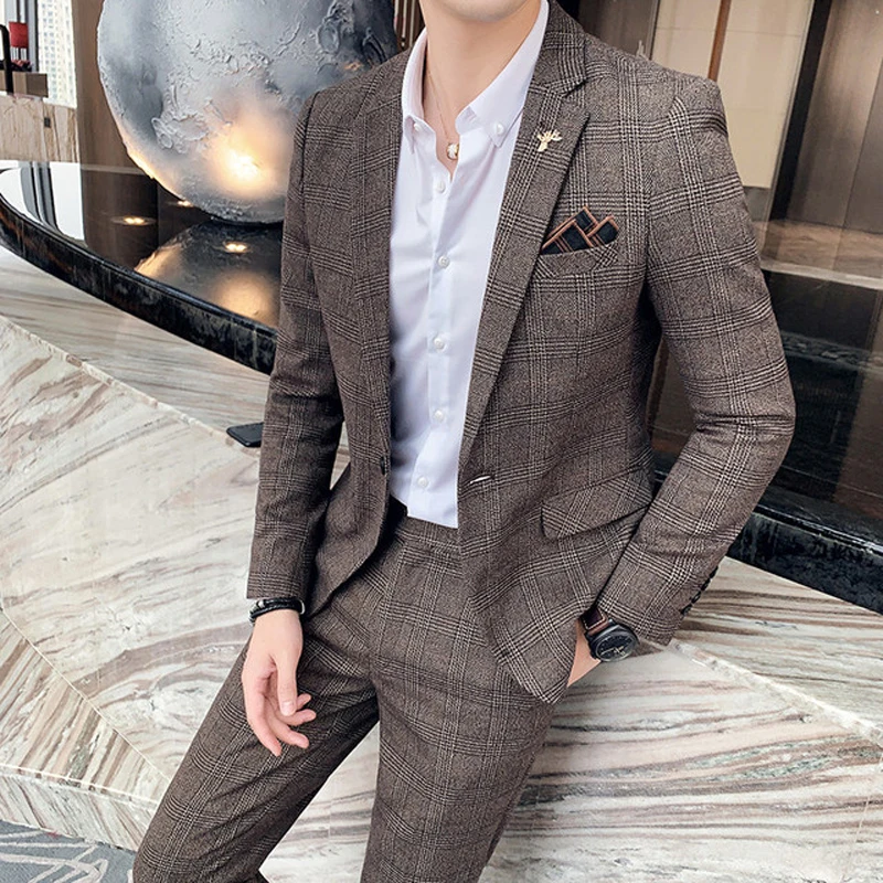 

Men's 2 Pieces One Botton Tweed Suits Plaid Single Button Wedding Groom Slim Fit Business For Men's Formal Suit (Blazer+Pants))