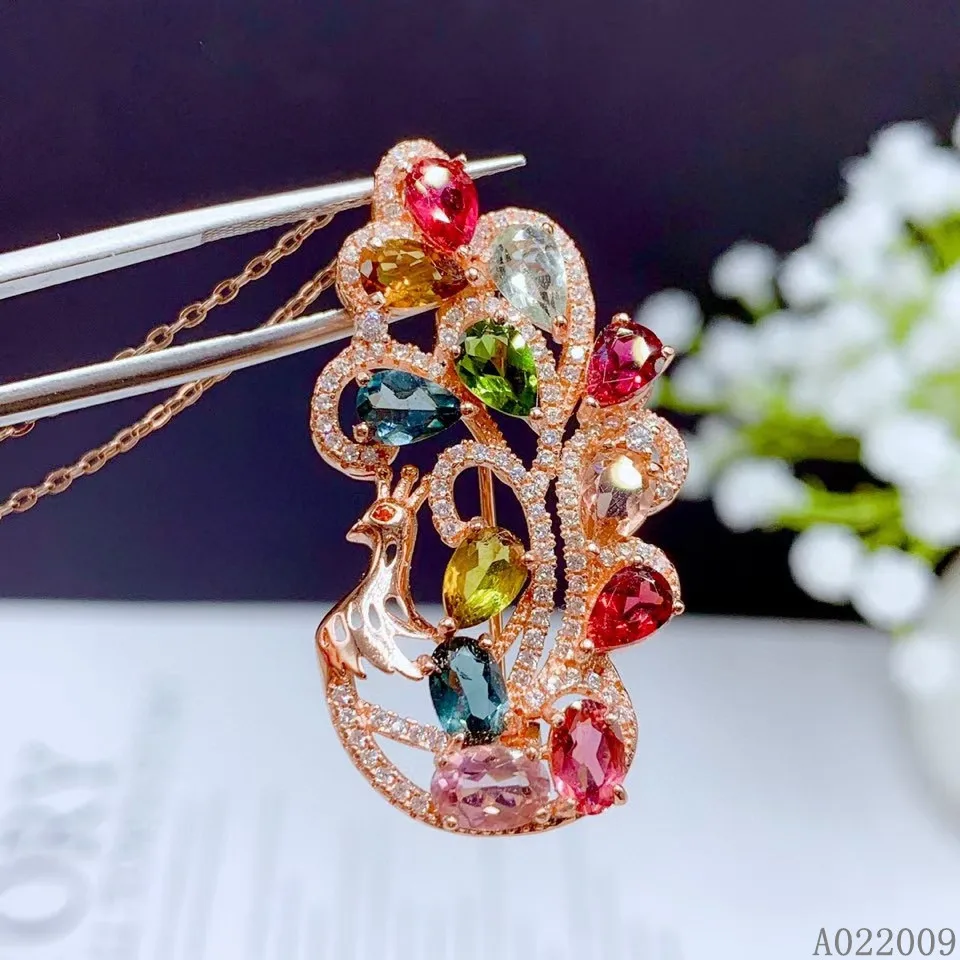 KJJEAXCMY fine jewelry 925 Sterling Silver inlaid natural Tourmaline trendy two wear peacock girl Pendant Necklace support test