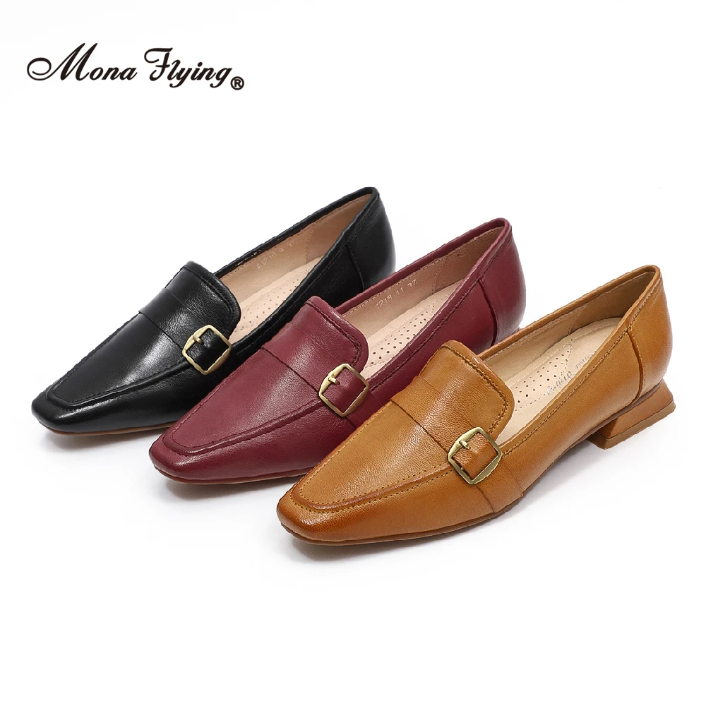 Mona Flying Women Genuine Leather Penny Loafers Hand-made Moccasins Slip-on Solid Square Toe Casual Flat Shoes for Ladies1218-11