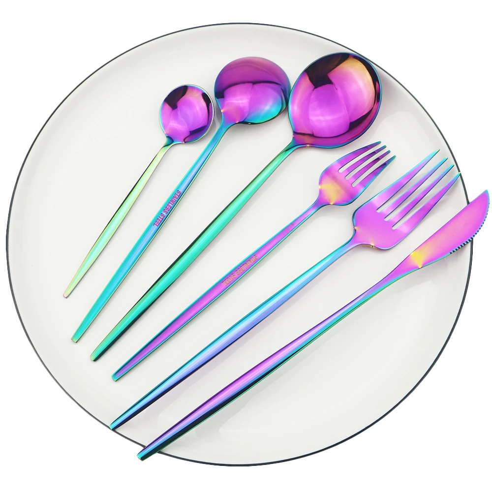 Rainbow Cutlery Set 18/10 Stainless Steel Dinnerware Set Knife Dessert Fork Dessert Spoon Dinner Set Kitchen Party Tableware Set