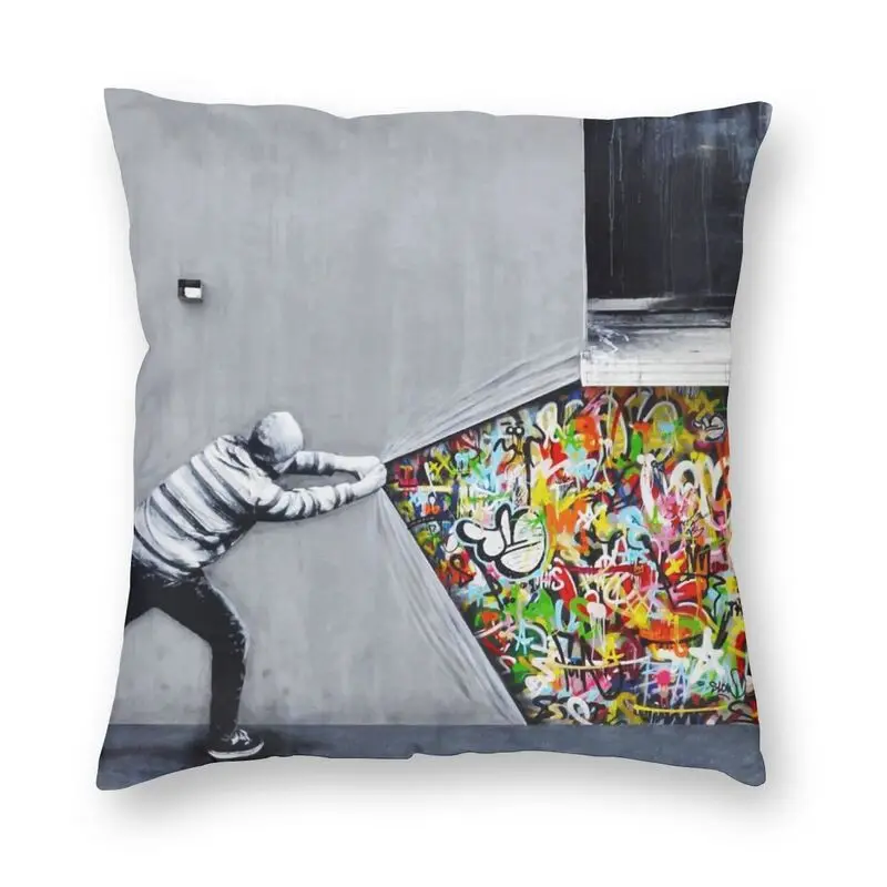 Soft Banksy Uncovering Graffiti Throw Pillow Cover Home Decorative Square Street Art Cushion Cover 40x40cm Pillowcover for Sofa