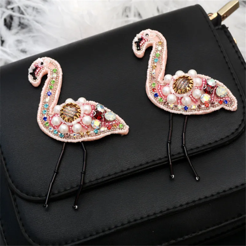 MAXSIN FUN 1 Pc High Quality Hand-beaded Flamingo Stickers Pearl Rhinestone Clothes Patch Garment Decoration DIY Accessories