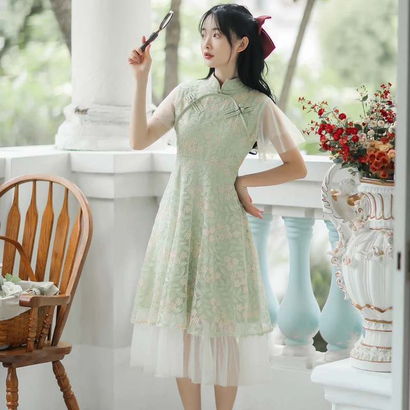 2021 Nieuwe Retro Lotusblad Mouwen Elegante Geborduurde Groene Cheongsam Jurk Zomer Zachte Girl Lace Verbeterde Bloemen Jurk