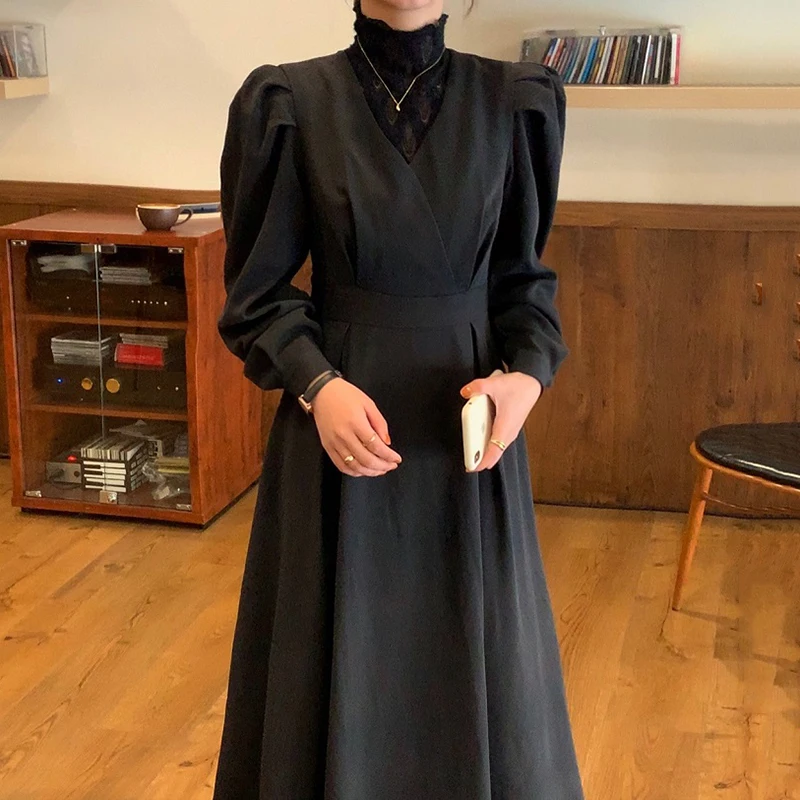 

Long Sleeve Korean Women Dress Female Elegant Autumn Spring 2022 Luxury High Waist Woman Dresses Party Patchwork Solid Black