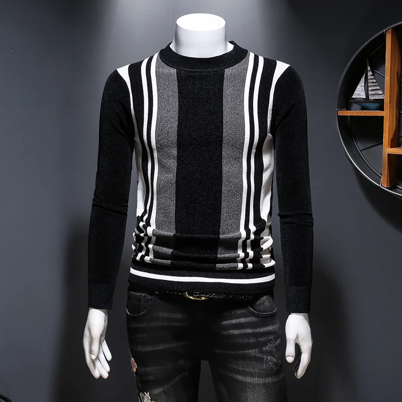 Casual Fashion Pullover Men Round Neck Slim Fit Striped Sweater Males Elastic Mixed Color Jacquard Knitting Tops Autumn Winter