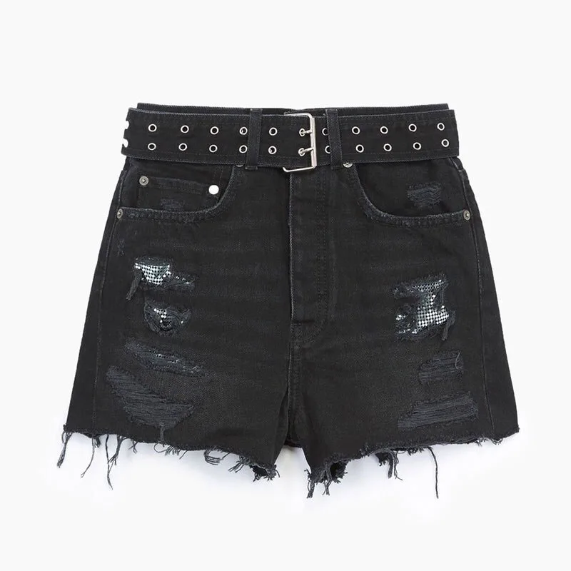 

Denim shorts Internet celebrities diamond beading shorts female hand made hole burr tassel denim shorts with belt F1372