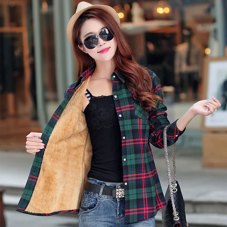 2023 Winter New Hot Sale Women Plus Velvet Thicke Warm Plaid Shirt Style Coat Jacket Woman Casual Tops Clothes Lady Outerwear