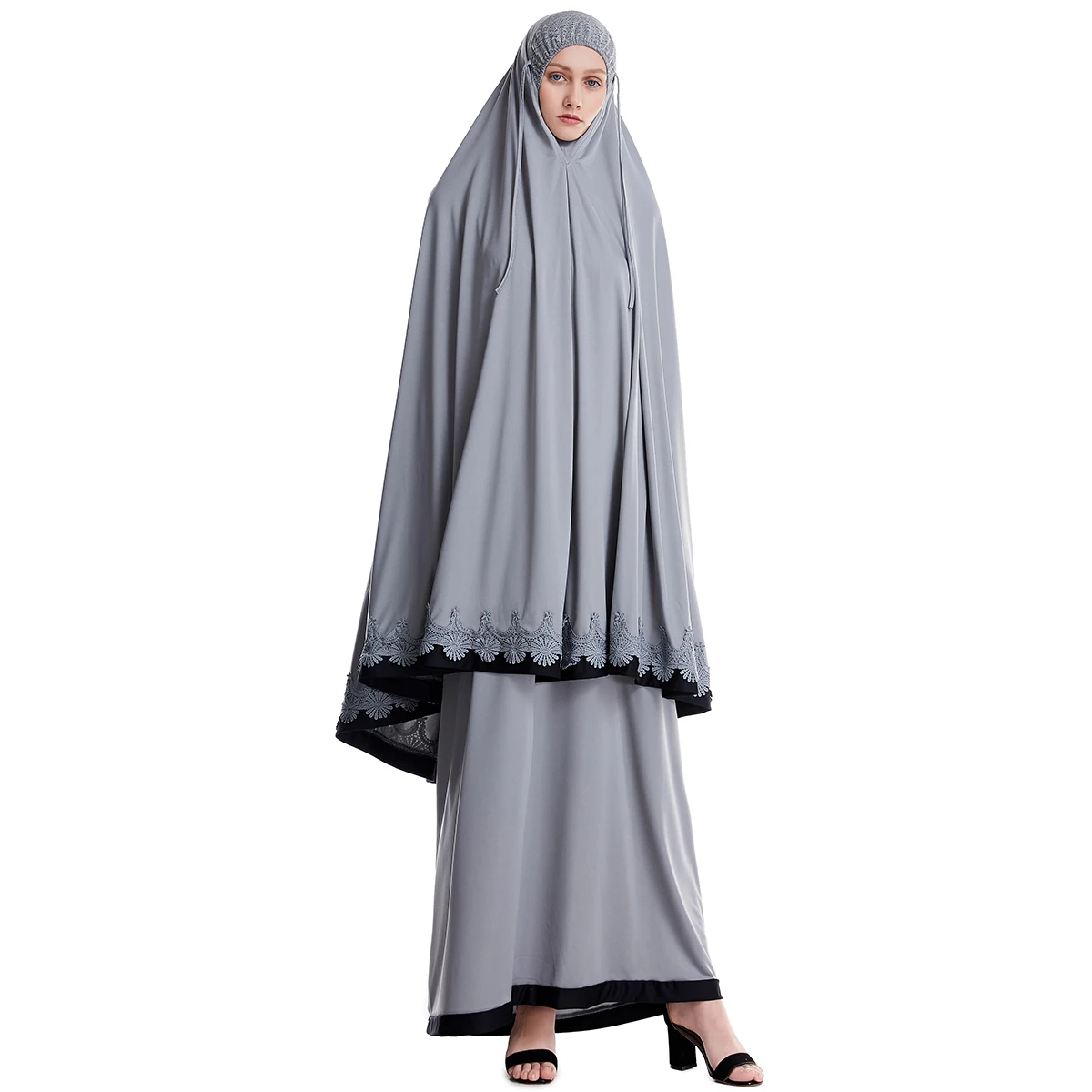 Laced Two-piece Prayer Outfit Islam Muslim Women Color Blocked Hijab Dress Salat Set Long Khimar and Skirt Jilbab Set Hajj Black