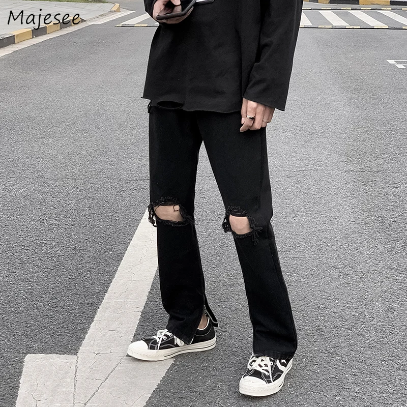 

Jeans Men Design Hole Ripped Jean Black Side-silt Harajuku Streetwear Ankle-length Straight Denim Trousers Hip Hop Ulzzang Teens