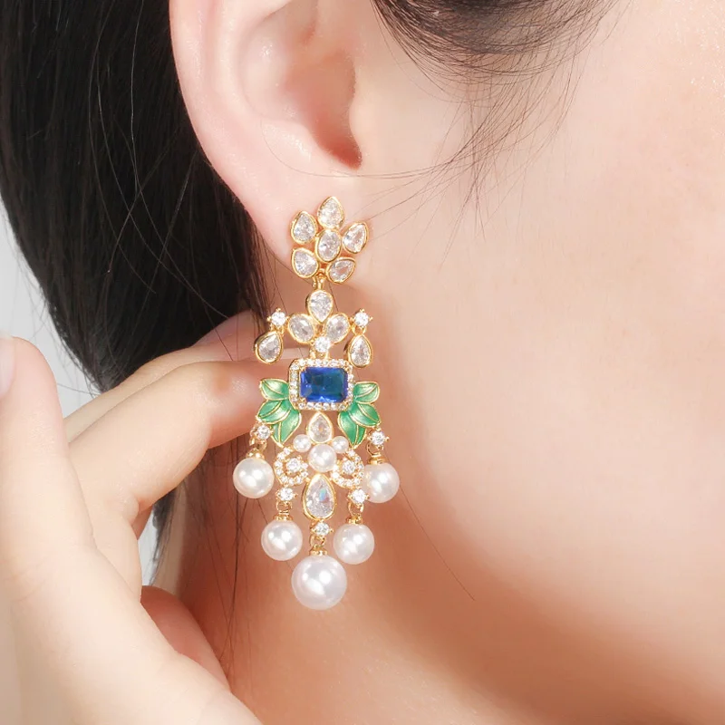 Pera Bohemian - Joyería para las Orejas, Circonita Cúbica Natural, Color Dorado, Flores, Pendientes Largos con Perlas para Mujer, Banquete, Baile, Fiesta E496