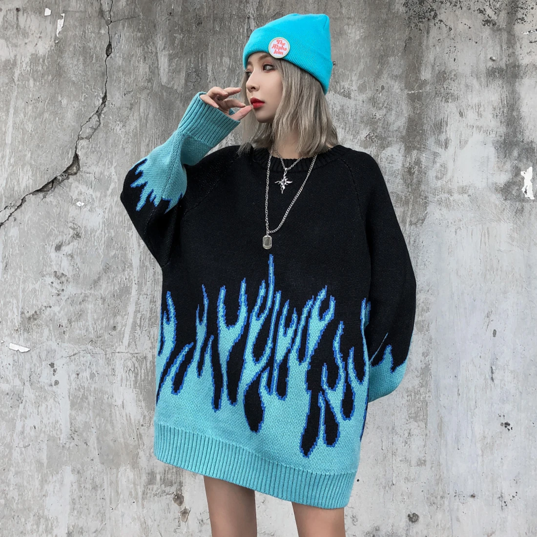 ATSUNSET płomień drukuj prostota sweter hiphopowy sweter w stylu Vintage Harajuku dziergany sweter topy