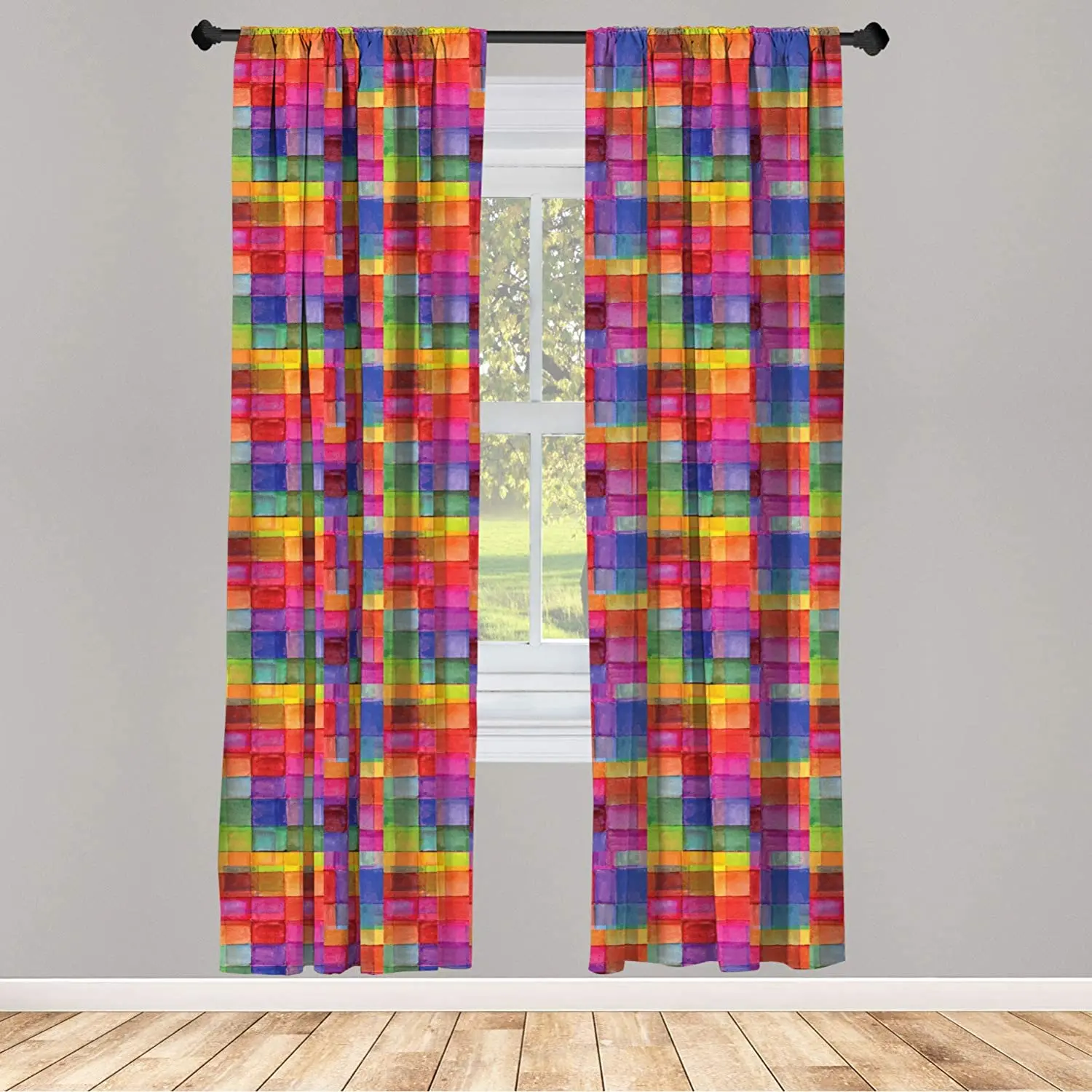 Multicolor Abstract Window Curtains Rainbow Colored Geometric Square Shaped with Blurry Lightweight Decorative