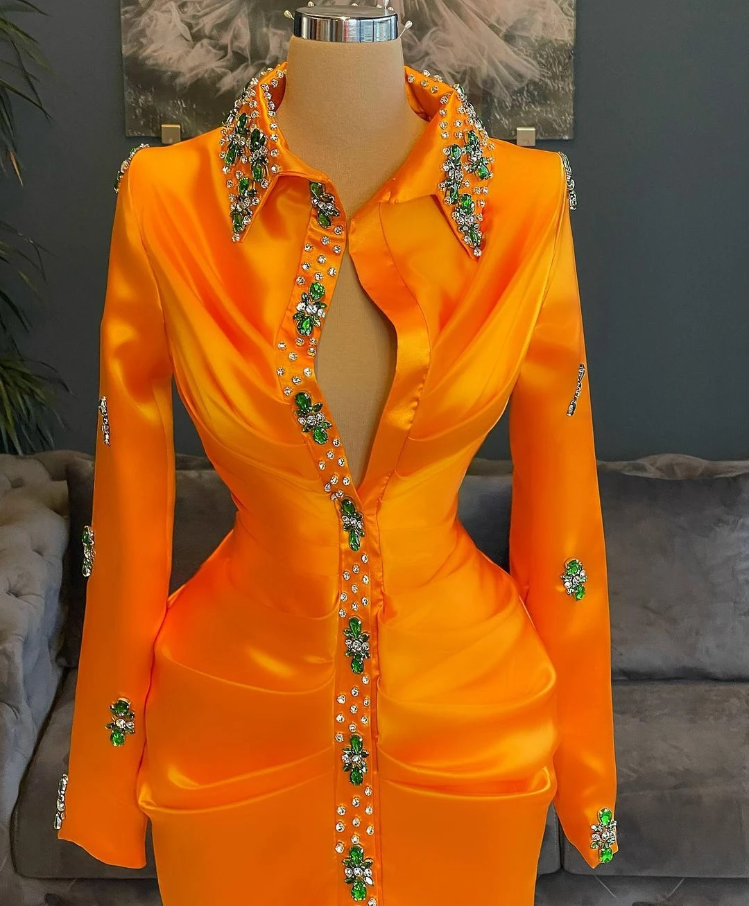 Orange Elegant Satin Mermaid Prom Dresses Long Sleeves High Neck Crystals Plus Size Women Evening Party Gowns Custom Made