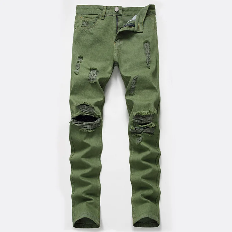 Fashion Patch Ripped Army Green Jeans Straight Men's Casual Slim Fit Designer Washed Denim Pants Male Fashion Hip Hop Trousers