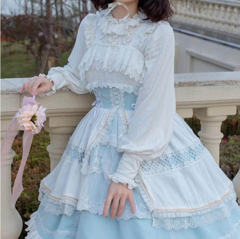 Palace vintage sweet lolita top falbala o-neck lamb leg sleeve victorian knit shirt kawaii girl gothic lolita top loli cosplay