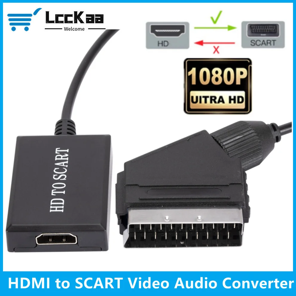 LccKaa HDMI-compatible to SCART Video Audio Upscale Converter 1080P Adapter for HD TV DVD for Sky Box STB Plug and Play DC Cable