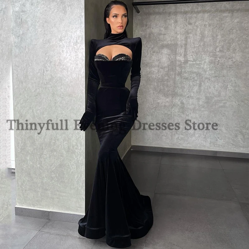 Thinyfull Arabic Mermaid Prom Evening Prom Dress Black Velvet Party Dresses 2021 Long Sleeve Beadings Floor Length Cocktail Gown