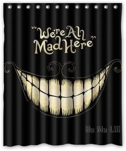 We're All Mad Here Waterproof Shower Curtain Bathroom Polyester Black With Hooks Halloween Decoration