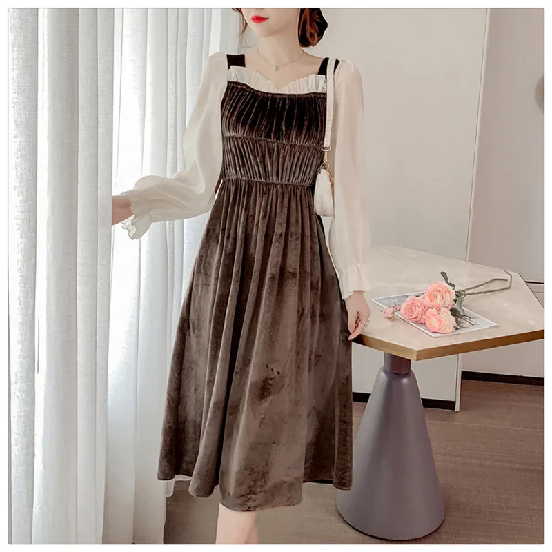 

Korean Fashion Style Spring 2021 Spring Autumn Women dress Vintage Velvet Elegant Slim Long sleeve dresses female bing