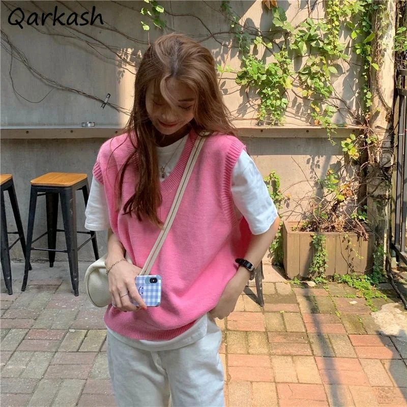 Pink Sweater Vest Women Sweet Girls Cute Tops All-match V-neck Elegant Woman Sweaters Loose Casual Streetwear Harajuku Students