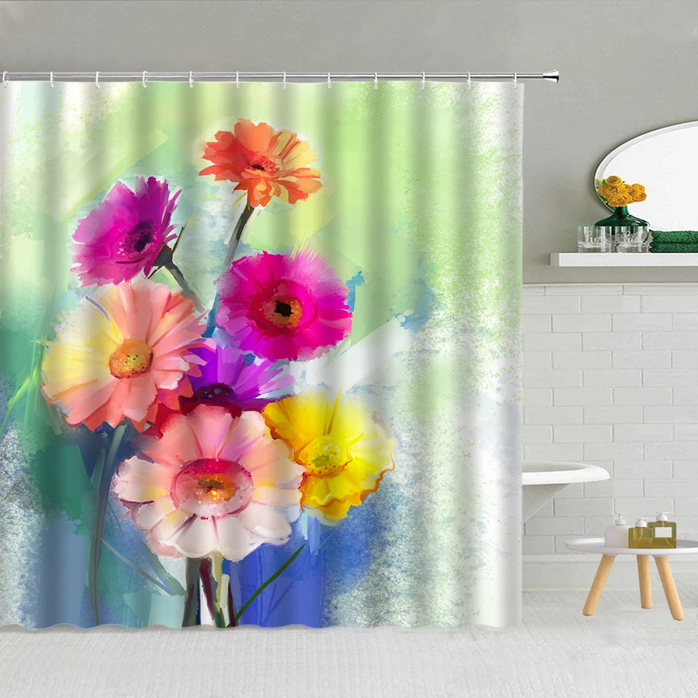 Poppy Flower Green Leaves Oil Painting Shower Curtain Spring Floral Scenery Bathroom Decor Waterproof Fabric Hooks Curtains