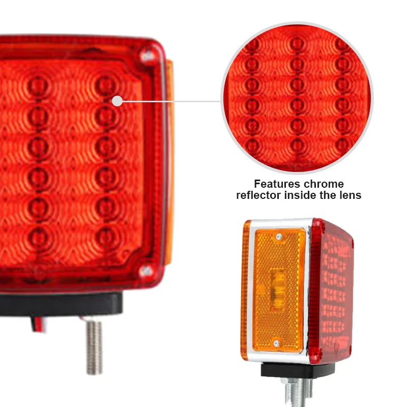 2xTruck Trailer Square Double Face Pedestal Stop Turn Tail Light Amber/Red 39 LED for Peterbilt Freightliner Kenworth Mack