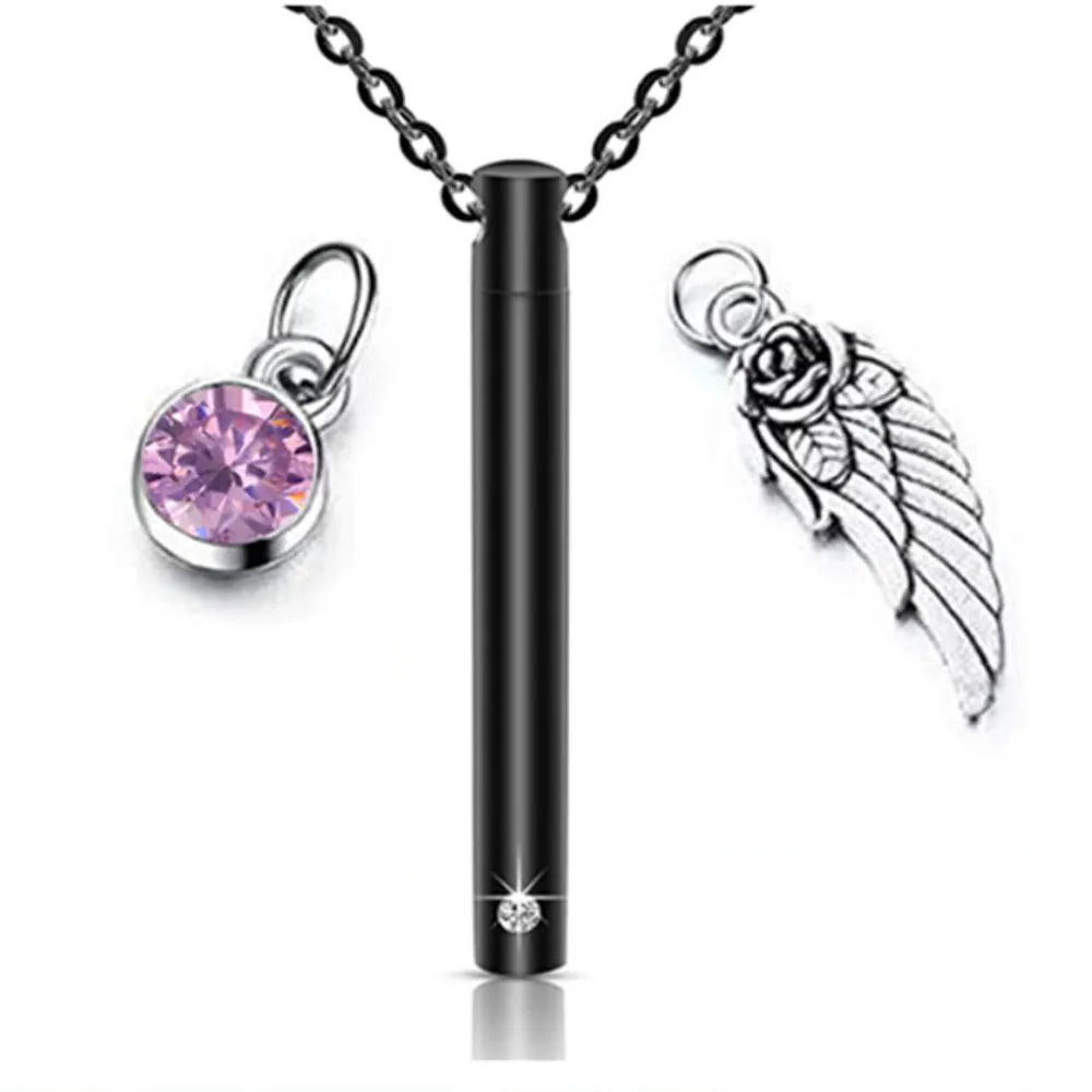 Stainless Steel Cylinder Jewelry Urn Holder Pendant With Birthstone and  Wing Charm Cremation Memorial Necklace