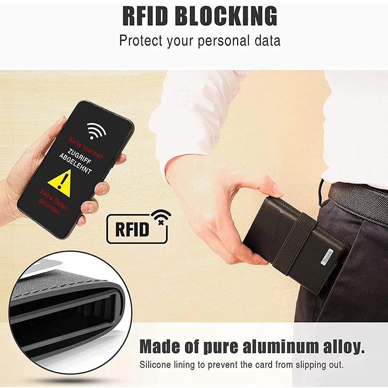 Caso de cartão de crédito para homens couro genuíno de alumínio fino carteira minimalista proteção rfid carteira de cartão inteligente com bandagem