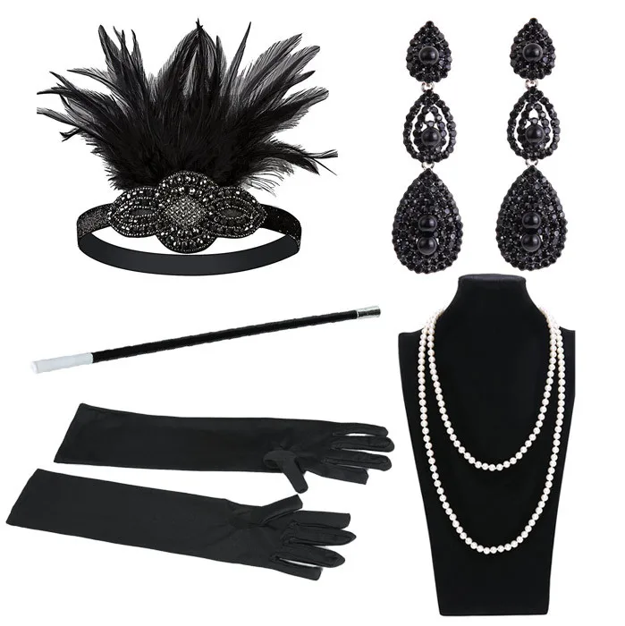 drop shipping 5pcs 1920s Great Gatsby Theme Party Costume Accessory Set Vintage Flapper Dress Accessory Women Glove Hair Jewelry