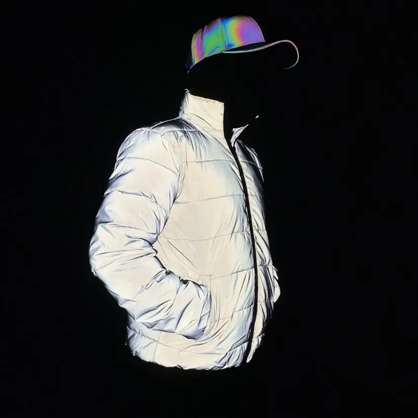 New 2026 Reflective Jacket Men Winter Warm Cotton-Padded Coat Harajuku Street Hip Hop Jackets Night Reflect Light Parka